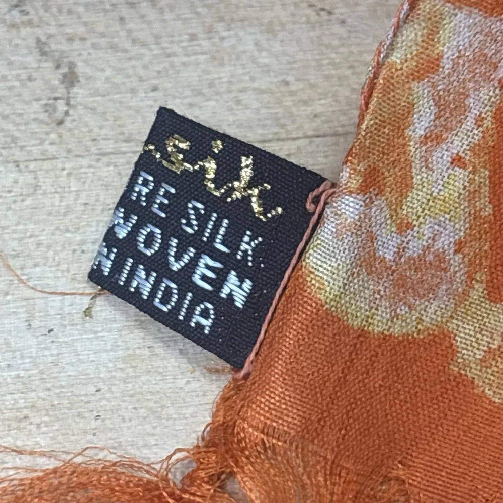 Vintage Kausik 100% Silk Scarf Hand Woven India Orange Paisley Tassel Wrap